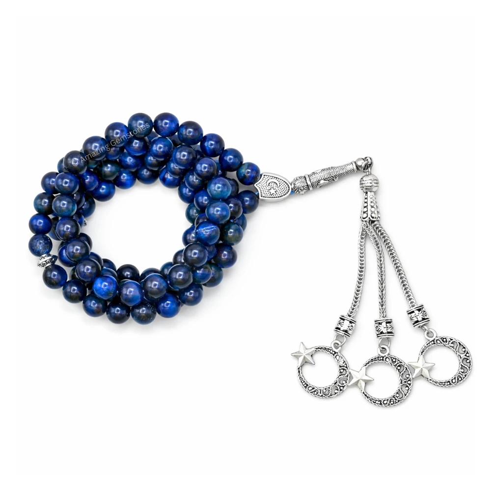 Blue Tiger Eye Crystal Tasbeeh Sibha Prayer Beads (Silver)