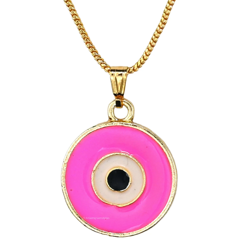 Pink Evil Eye Pendant - Round (Gold)
