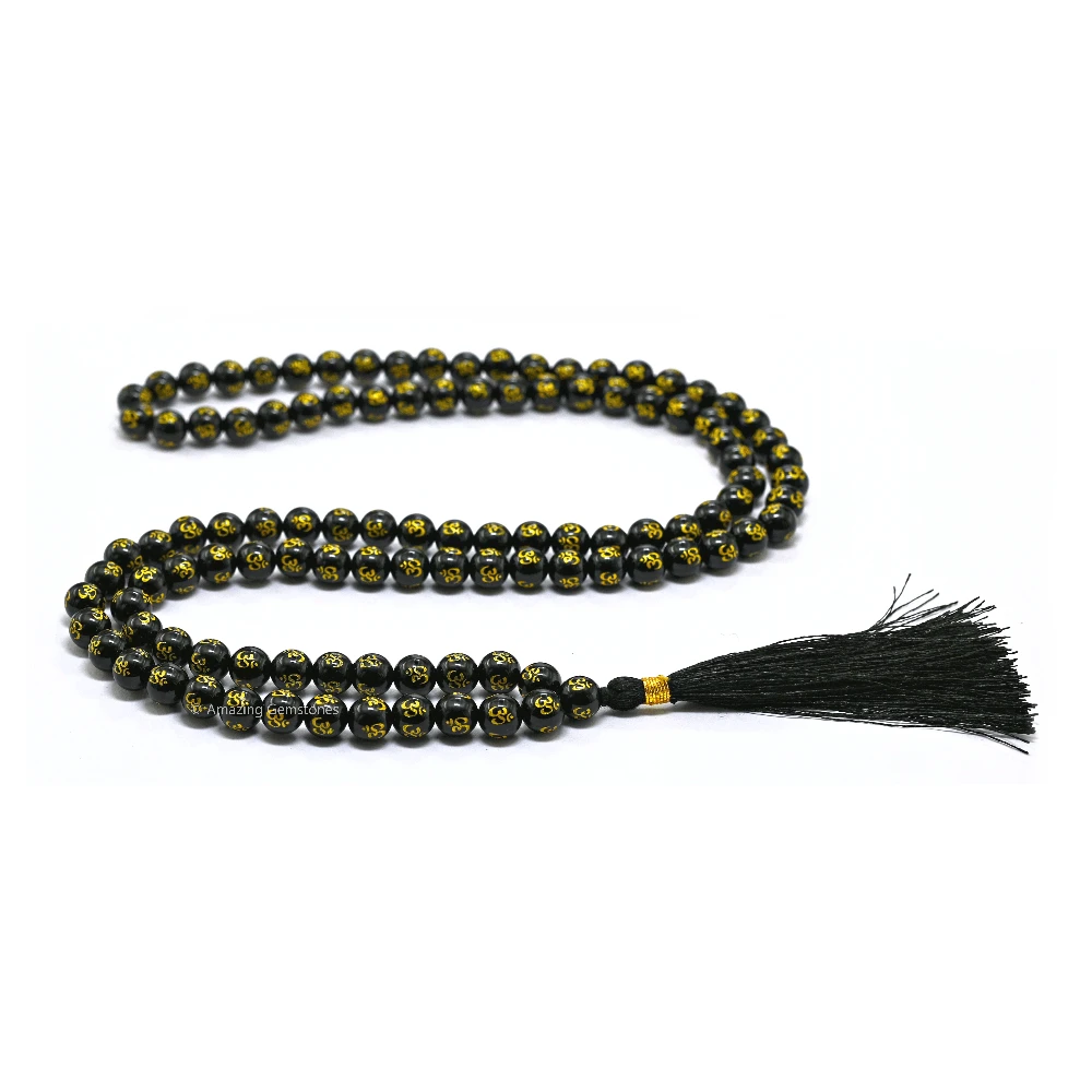 Black Agate Mala (Om) (Without Knot)