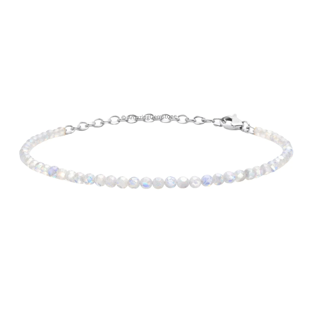 Rainbow Moonstone Crystal Bracelet - 2mm Faceted Bead (Silver)