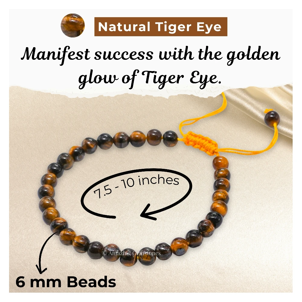 Tiger Eye Healing Crystal Bracelets - 6mm Beads (Adjustable)