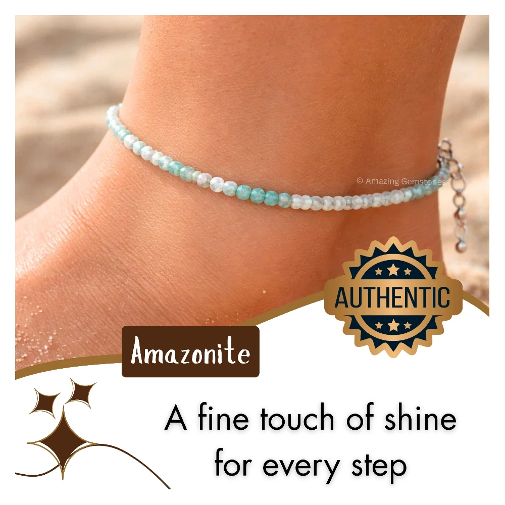 Amazonite Crystal Anklet - 2mm Faceted Bead (Silver)