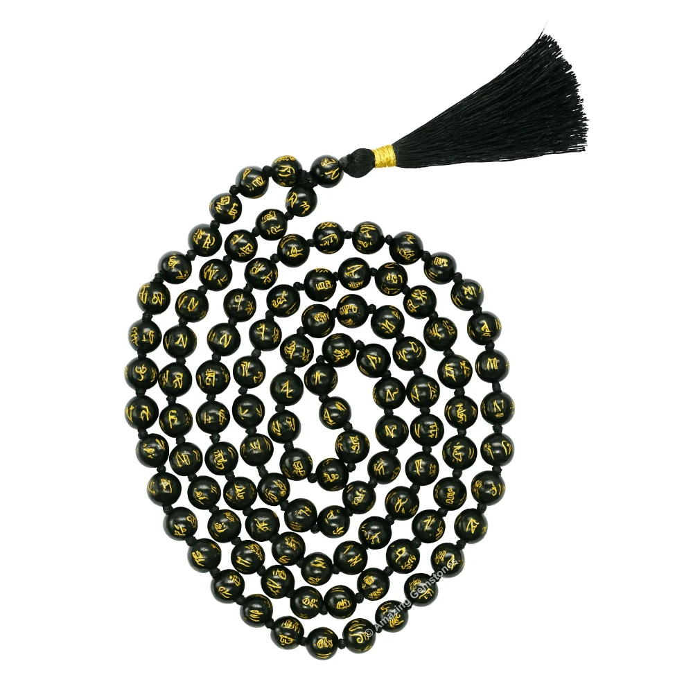 Black Agate Mala (Om Mani Padme Hum) (Hand Knotted)