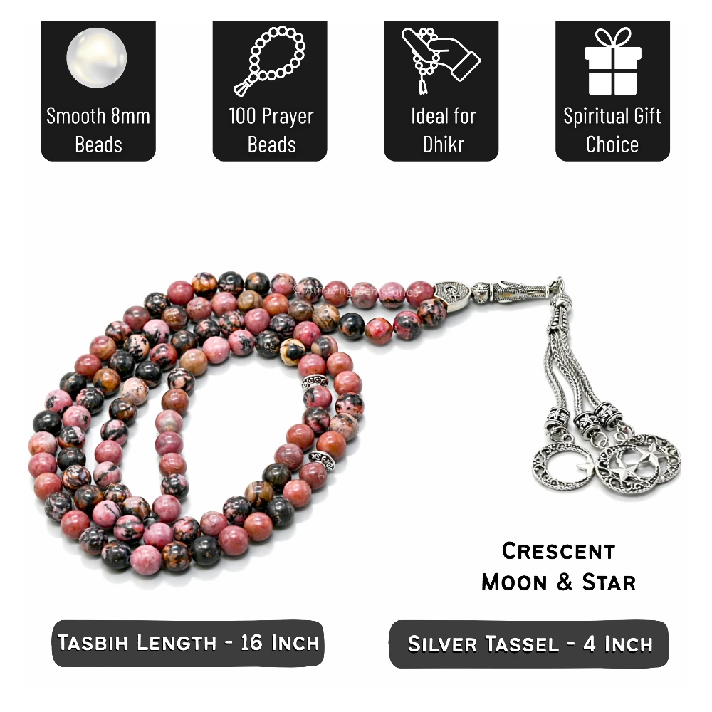 Rhodonite Crystal Tasbeeh Sibha Prayer Beads (Silver)