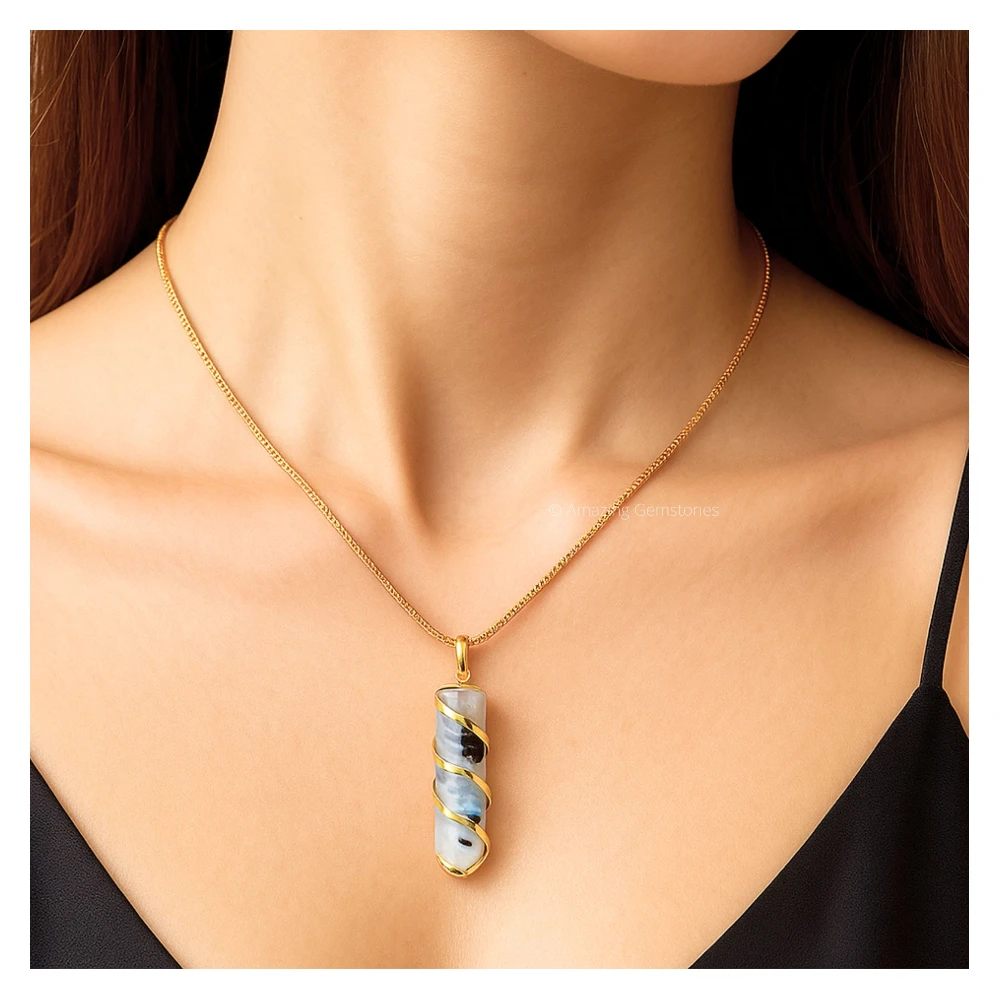 Rainbow Moonstone Necklace - Spiral Pencil Point (Gold)
