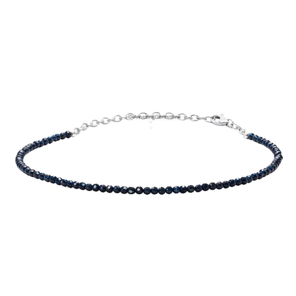Blue Sunstone Dyed Crystal Bracelet - 2mm Faceted Bead (Silver)