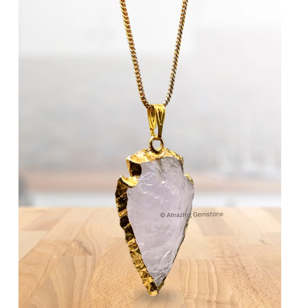 Rose Quartz Arrowhead Pendant - Gold Plated