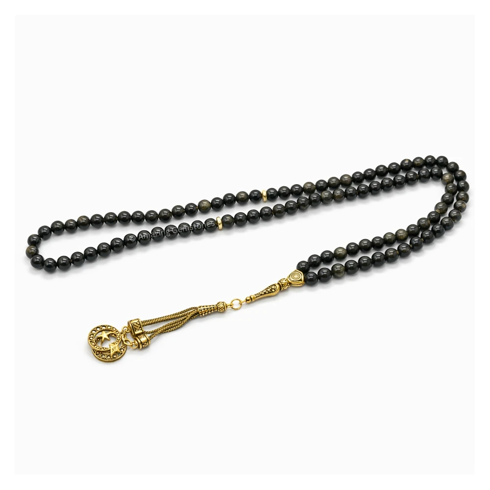 Gold Sheen Obsidian Crystal Tasbeeh Sibha Prayer Beads (Gold)
