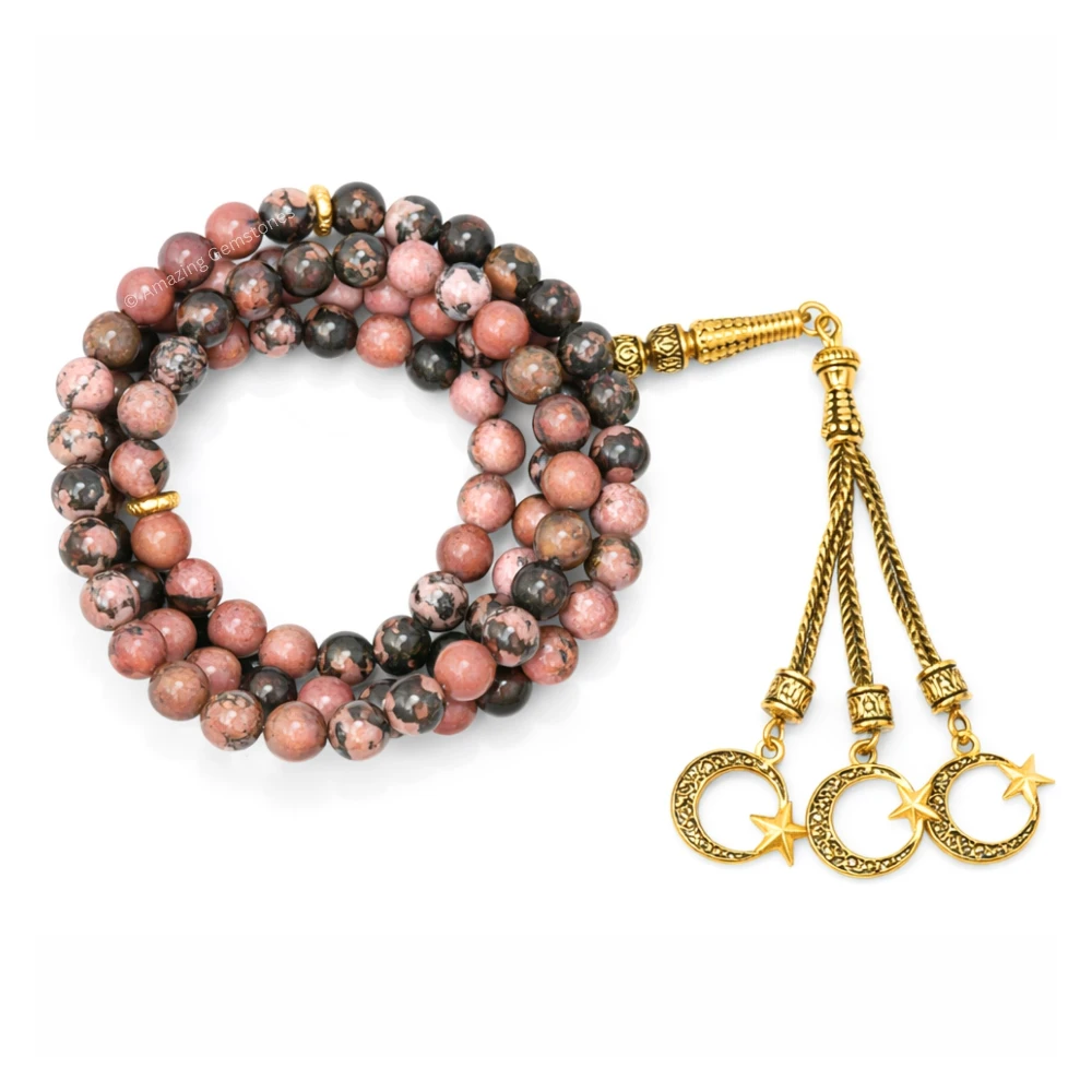 Rhodonite Crystal Tasbeeh Sibha Prayer Beads (Gold)