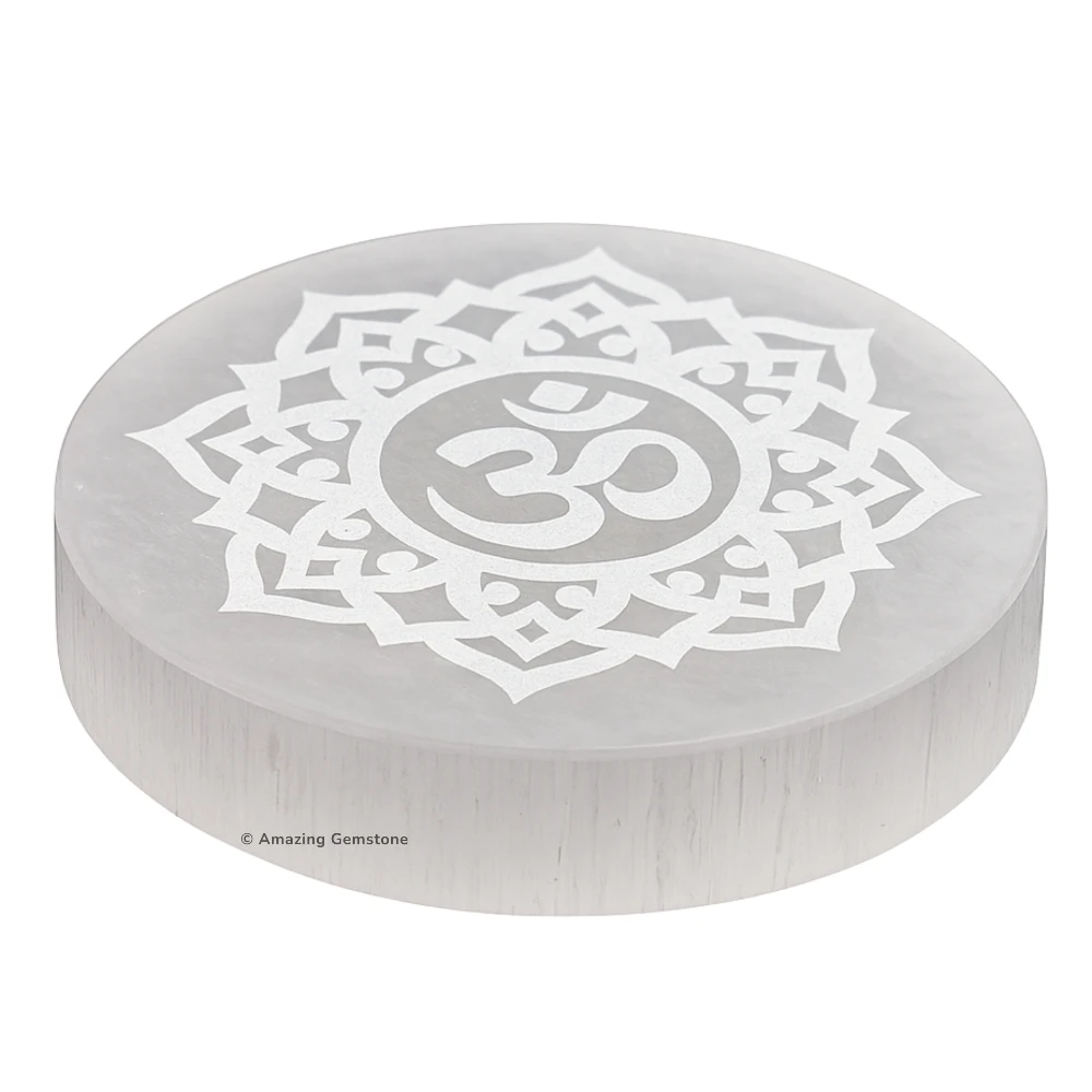 Selenite Charging Plate for Crystals - Om FOL (3 Inch)