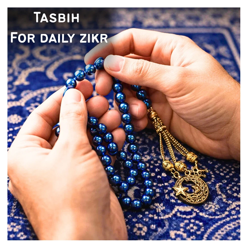 Blue Hematite Crystal Tasbeeh Sibha Prayer Beads (Gold)