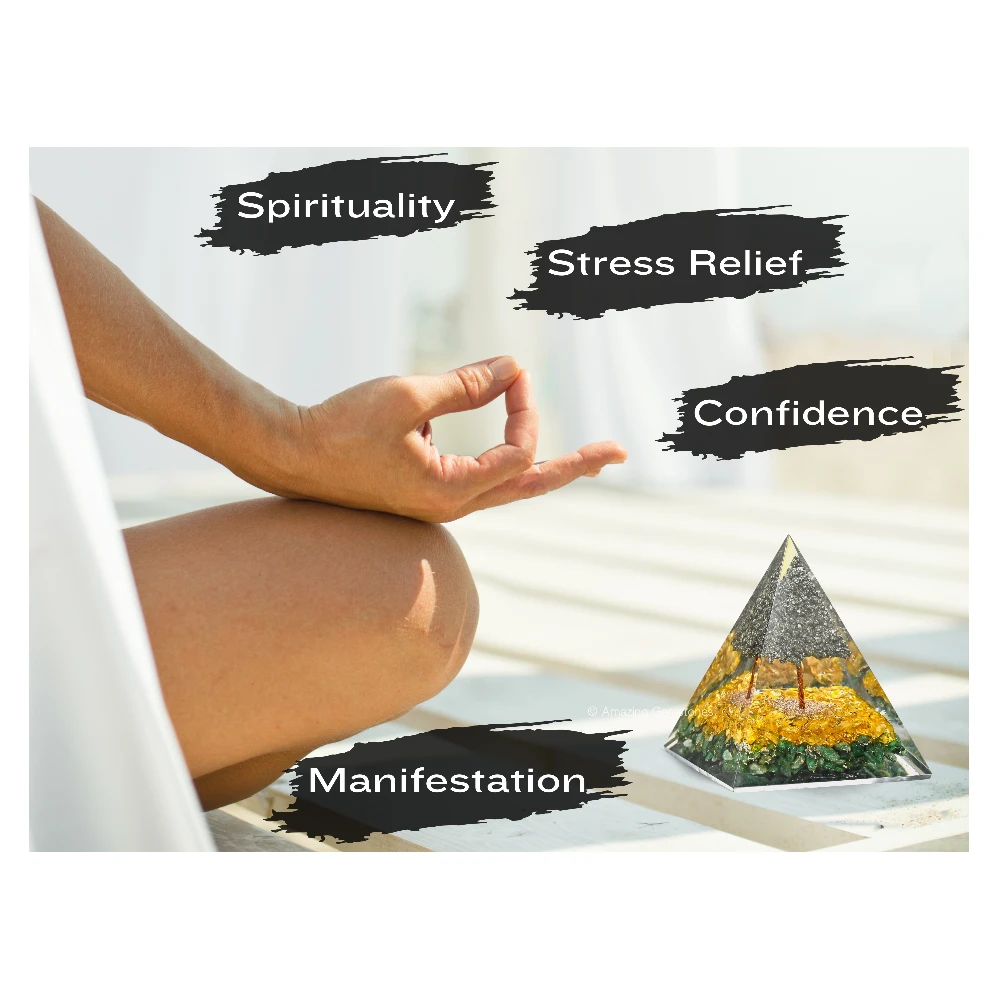 Green Aventurine, Citrine Orgone Pyramid with Pyrite Tree - 70 mm