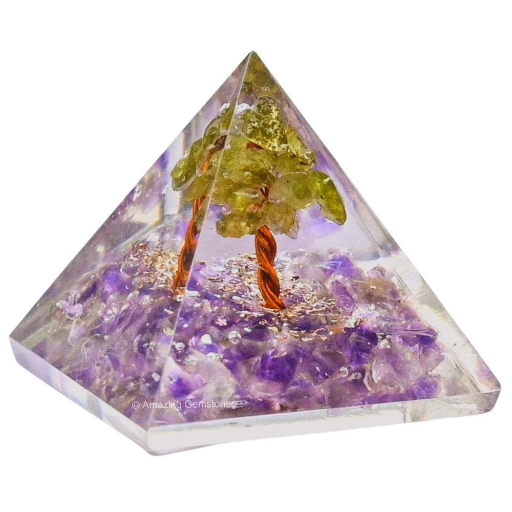 Amethyst with Peridot Tree Orgone Pyramid - Mini