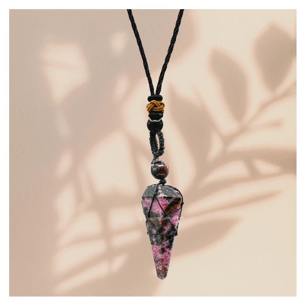 Rhodonite Pendulum Pendant Necklace (Macrame)