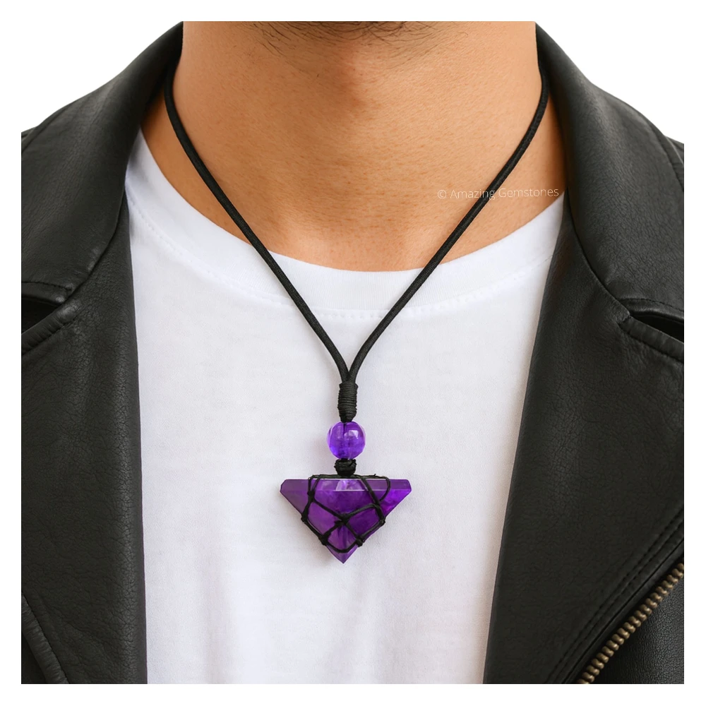 Amethyst Pyramid Pendant Necklace (Macrame)
