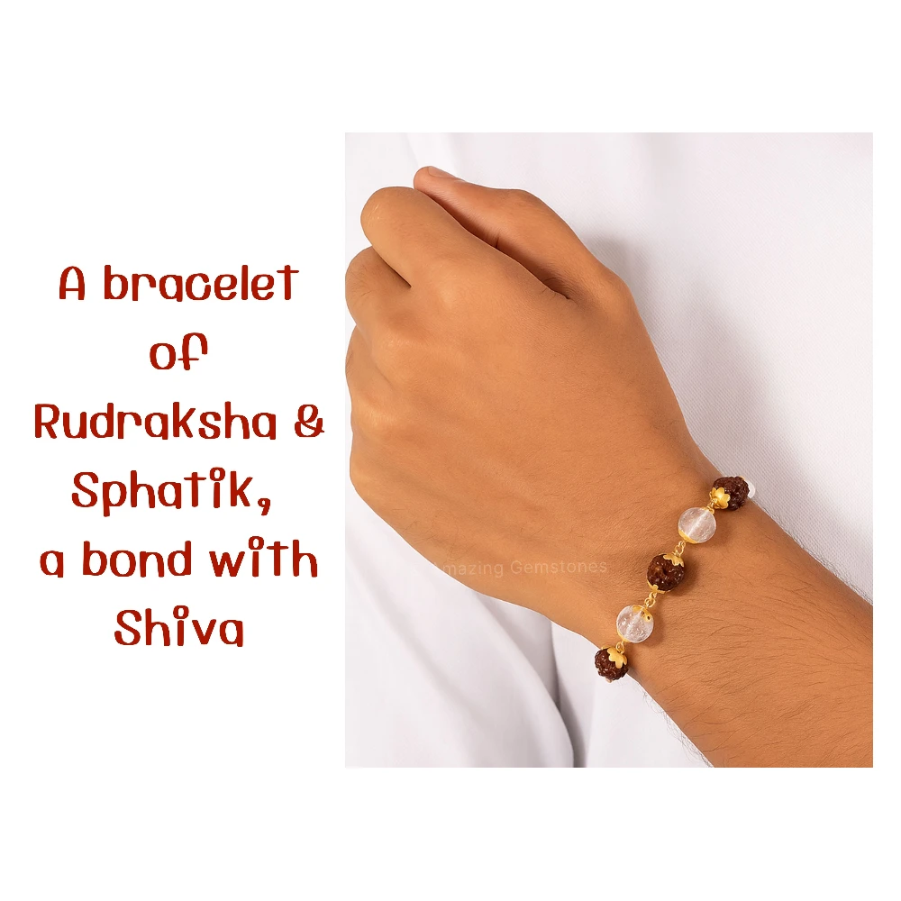 Faceted Sphatik Crystal and Rudraksha Bracelet (Gold Chain)