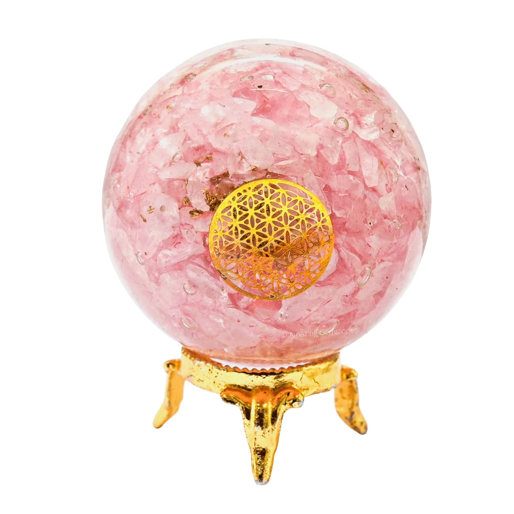 Rose Quartz Orgone Sphere- Flower Of Life (2.5 Inch)