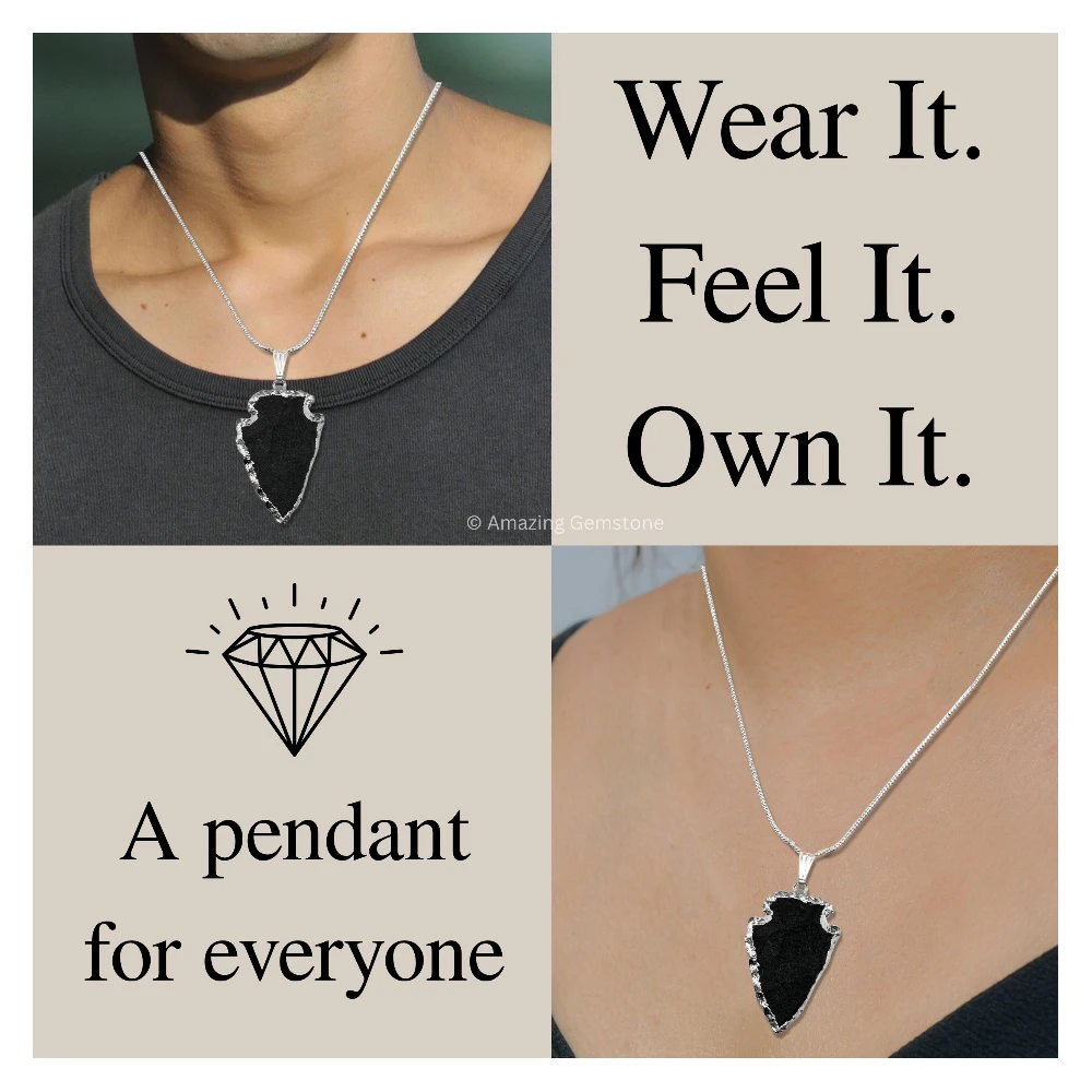 Black Agate Arrowhead Pendant - Silver Plated
