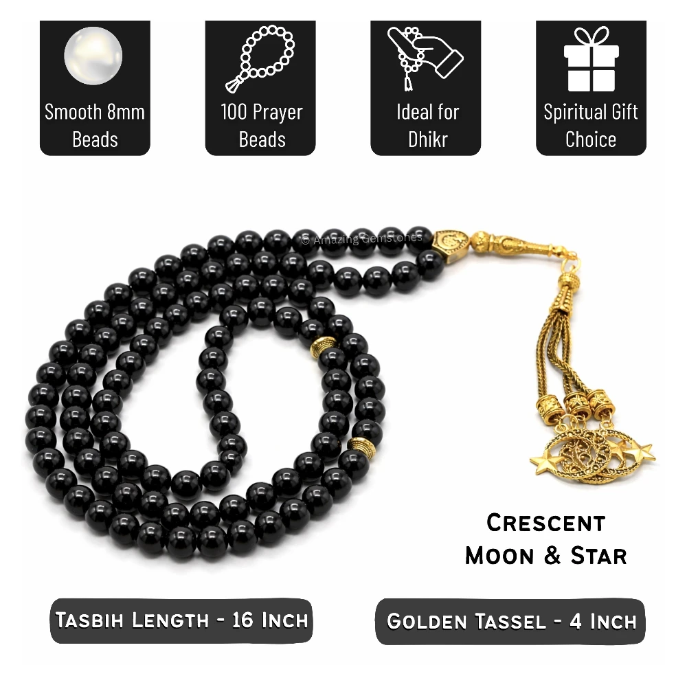 Black Obsidian Crystal Tasbeeh Sibha Prayer Beads (Gold)