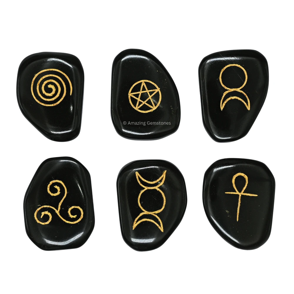 Black Agate Moon Pentagram Reiki Pagan Stones (Set of 6)