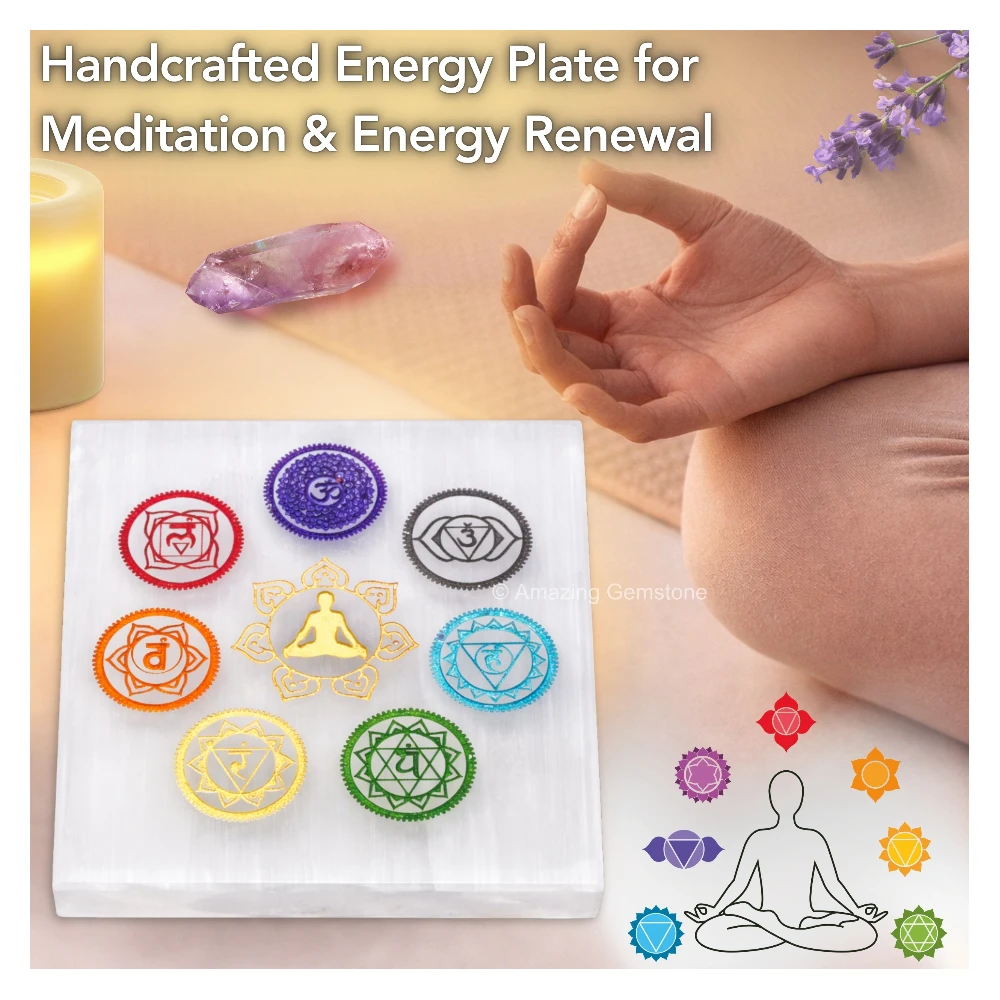 Selenite Charging Plate - 7 Chakra (Square) (3 Inch)