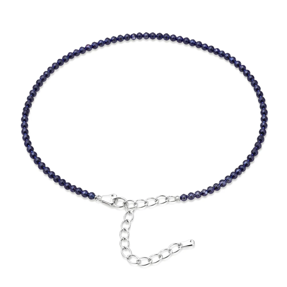 Blue Sunstone Dyed Crystal Anklet - 2mm Faceted Bead (Silver)