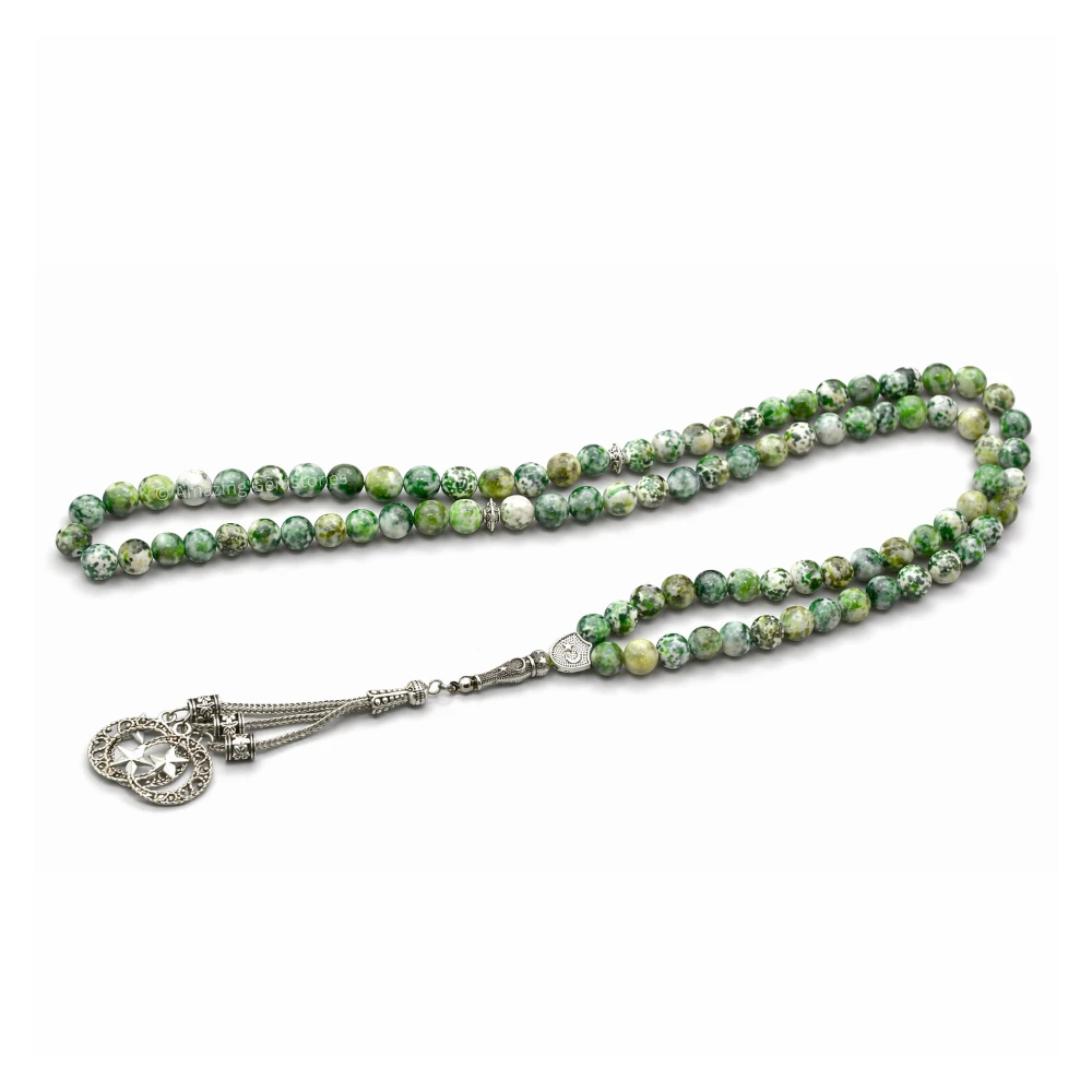 Tree Agate Crystal Tasbeeh Sibha Prayer Beads (Silver)