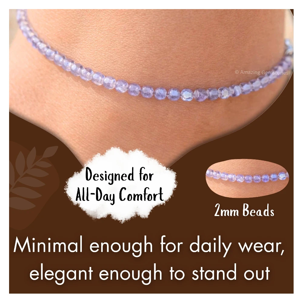 Purple Chalcedony Crystal Anklet - 2mm Faceted Bead (Silver)