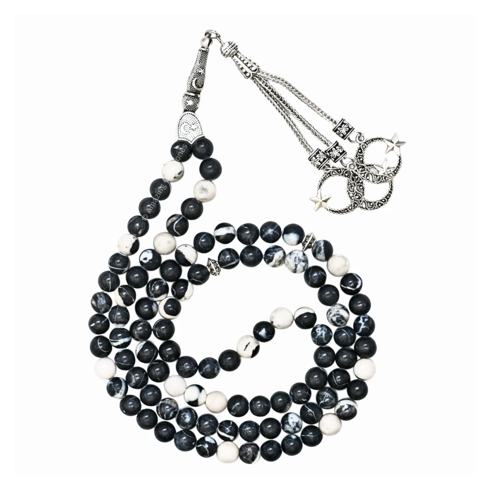 Black and White Jasper Crystal Tasbeeh Sibha Prayer Beads (Silver)