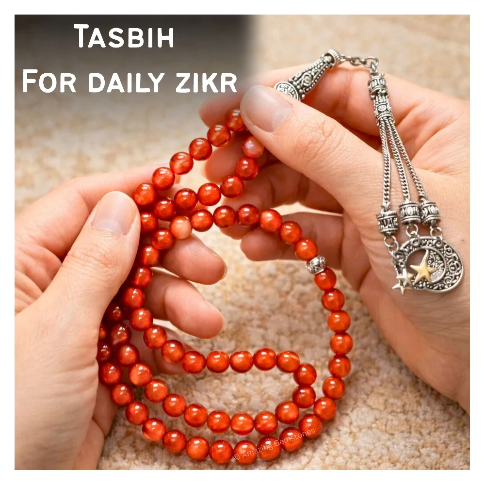 Red Banded Agate Crystal Tasbeeh Sibha Prayer Beads (Silver)