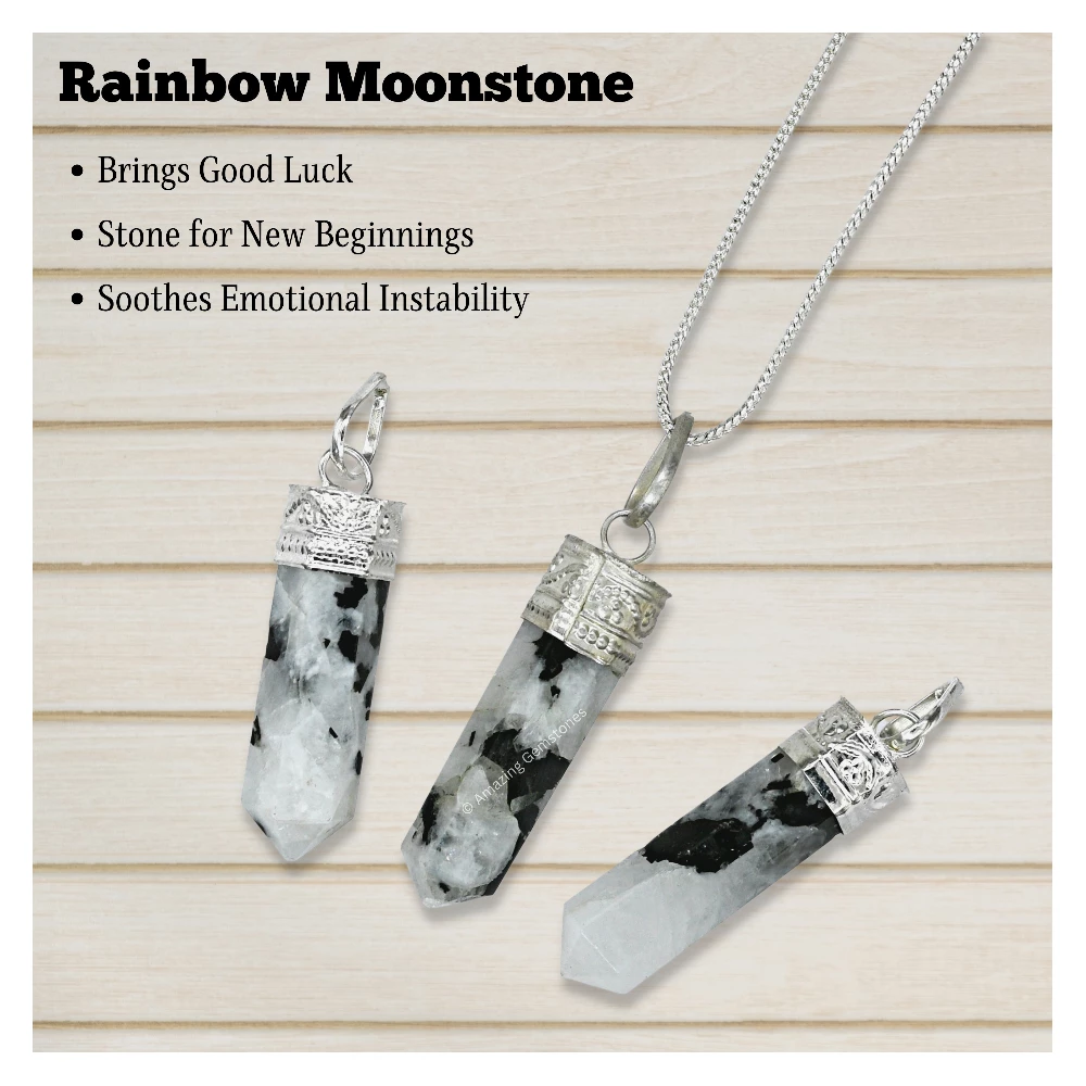 Rainbow Moonstone Necklace - Pencil Point (Silver)