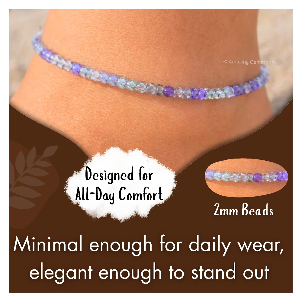 Blue Fluorite Crystal Anklet - 2mm Faceted Bead (Silver)