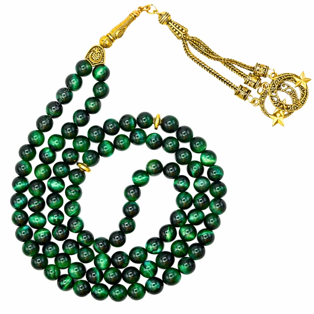Green Tiger Eye Crystal Tasbeeh Sibha Prayer Beads (Gold)