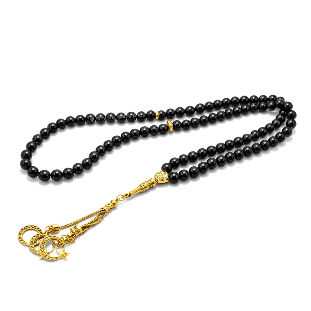 Black Obsidian Crystal Tasbeeh Sibha Prayer Beads (Gold)