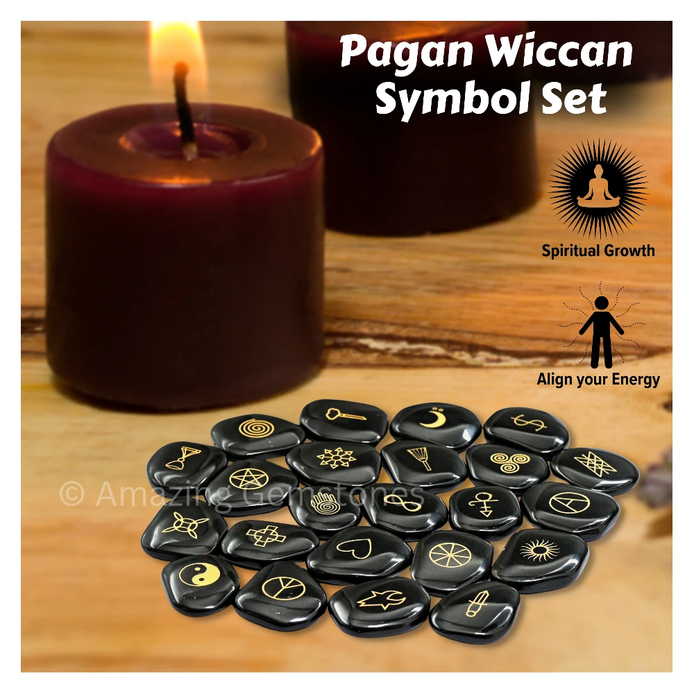 Black Agate Wiccan Engraved Stones (Set of 23)