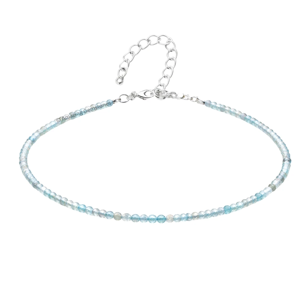 Sky Apatite Crystal Anklet - 2mm Faceted Bead (Silver)