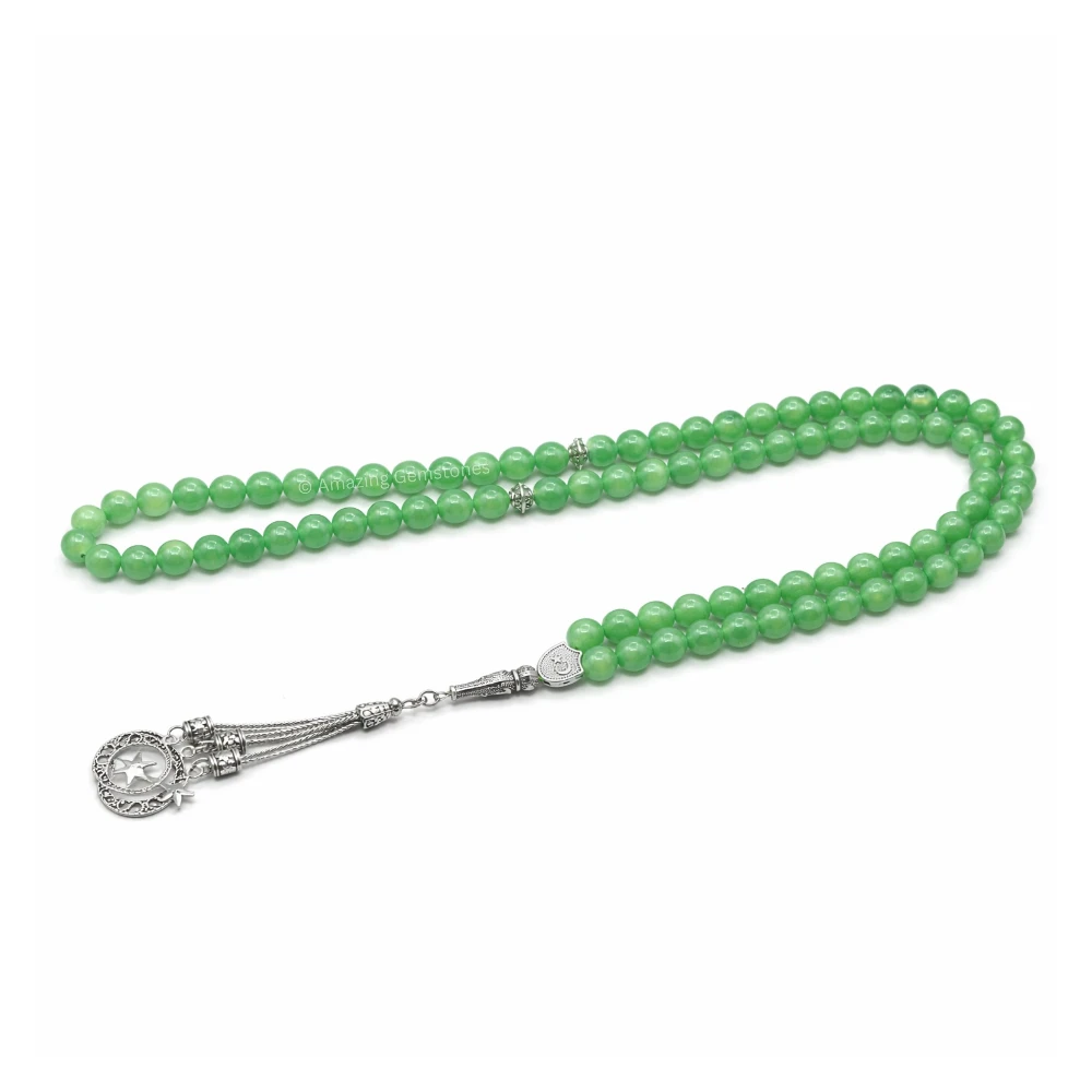 Green Aventurine Crystal Tasbeeh Sibha Prayer Beads (Silver)
