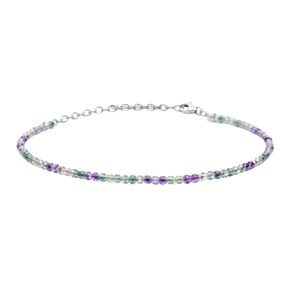 Green Fluorite Crystal Bracelet - 2mm Faceted Bead (Silver)