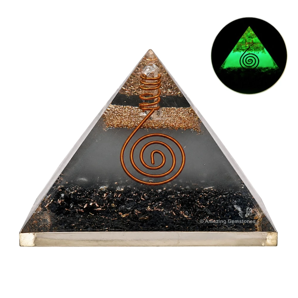 Black Tourmaline Selenite Orgone Pyramid - Glow in Dark