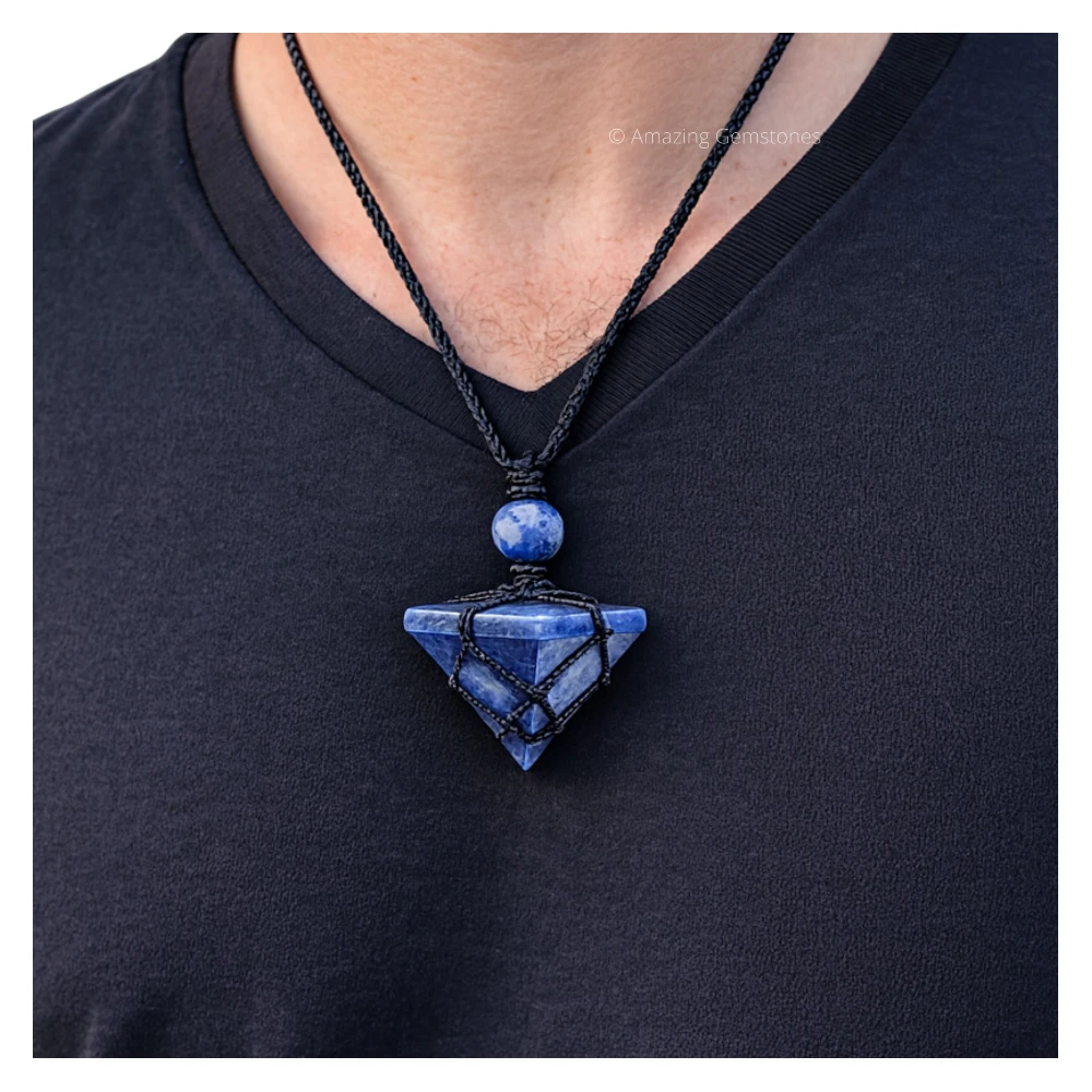 Sodalite Pyramid Pendant Necklace (Macrame)