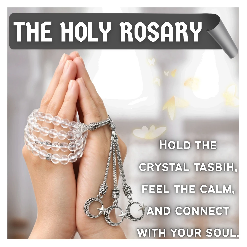 Clear Quartz Crystal Tasbeeh Sibha Prayer Beads (Silver)