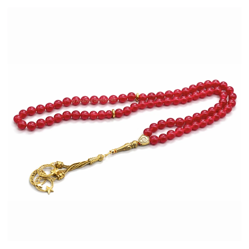 Ruby Jade (Dye) Crystal Tasbeeh Sibha Prayer Beads (Gold)