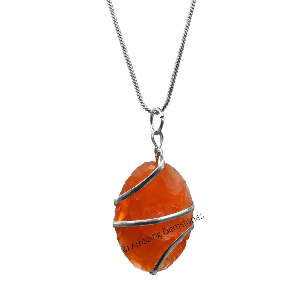 Carnelian Necklace - Raw Oval Crystal (Silver)