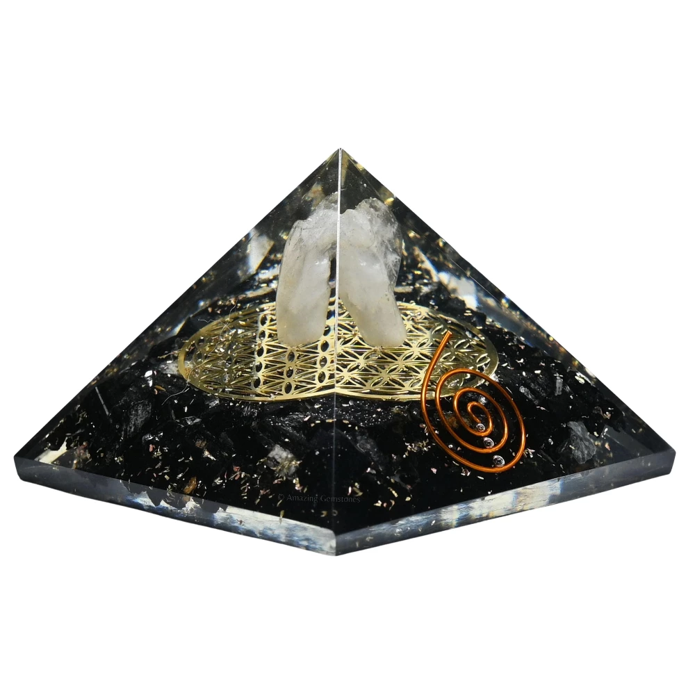 Black Tourmaline Orgone Pyramid - Flower of Life with Angel
