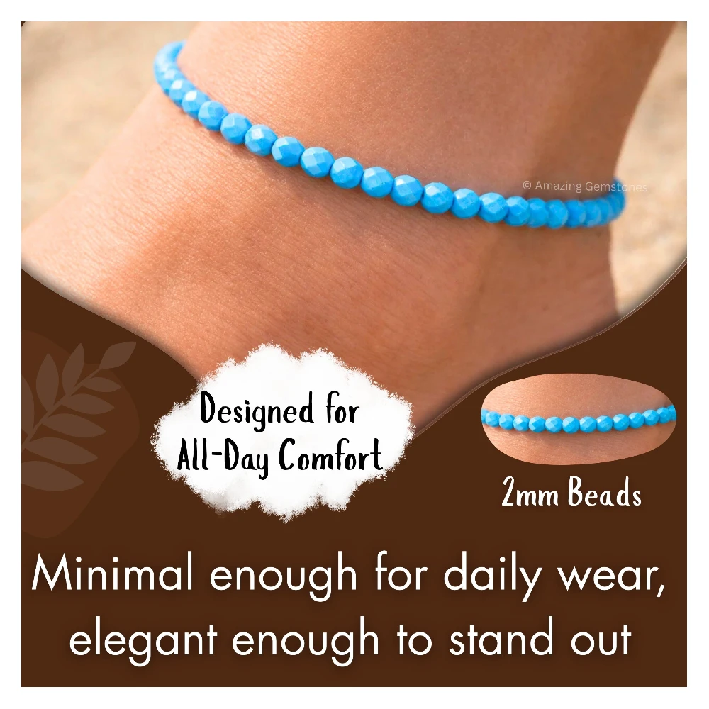 Turquoise Howlite Crystal Anklet - 2mm Faceted Bead (Silver)