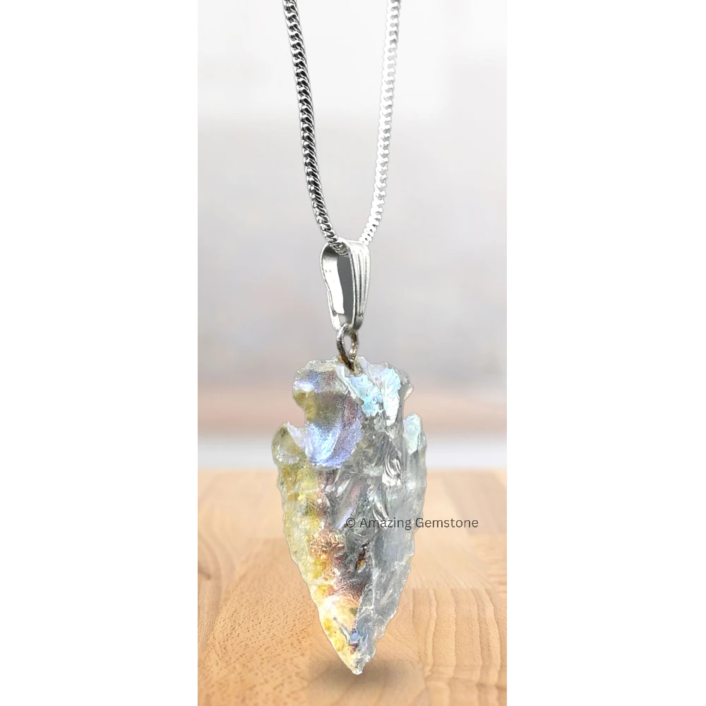 Angel Aura Quartz Arrowhead Pendant - Silver Plated