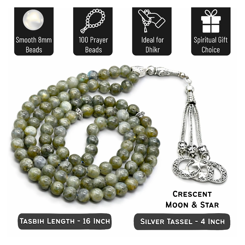 Labradorite Crystal Tasbeeh Sibha Prayer Beads (Silver)