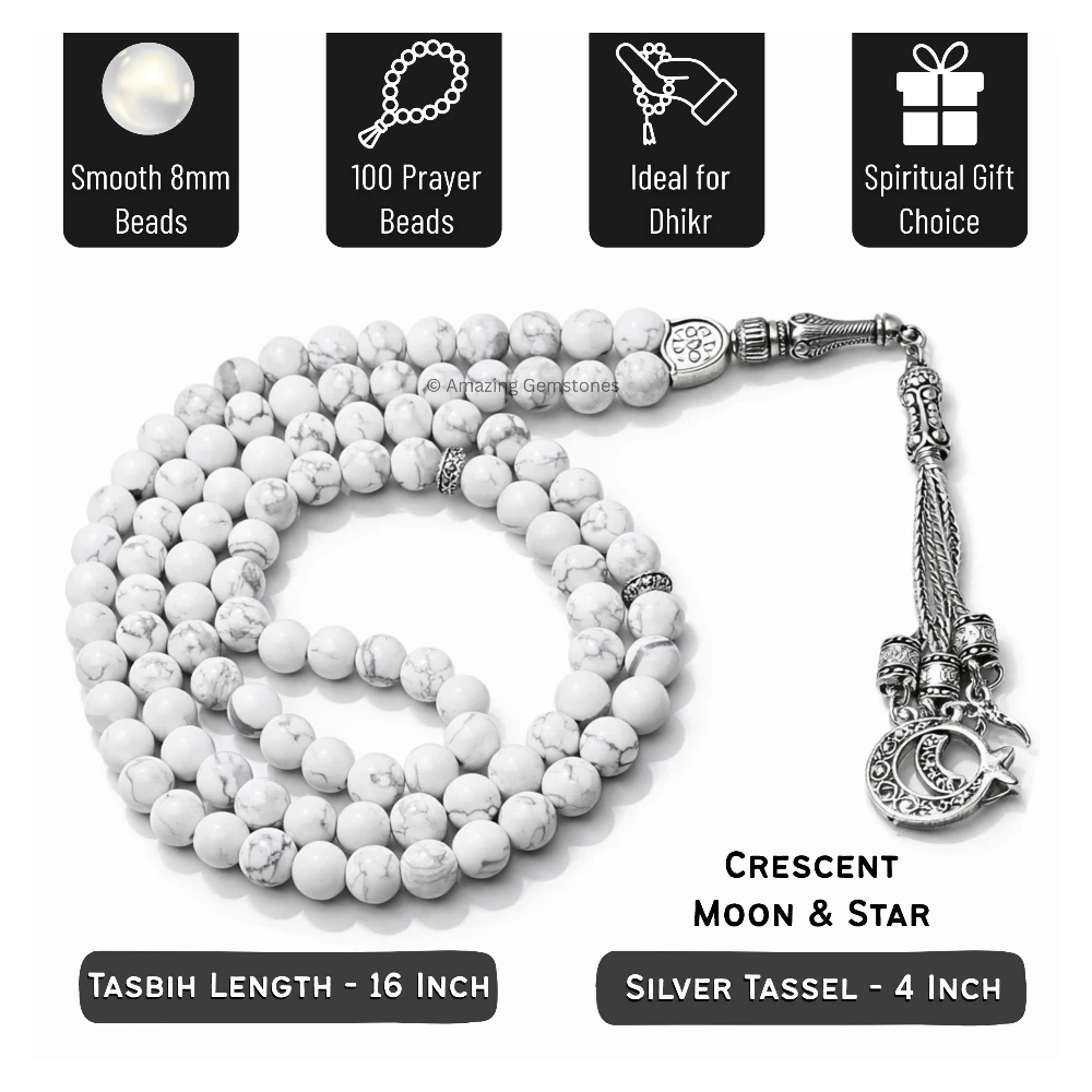 Howlite Crystal Tasbeeh Sibha Prayer Beads (Silver)