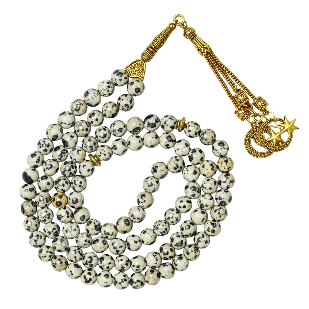 Dalmatian Jasper Crystal Tasbeeh Sibha Prayer Beads (Gold)