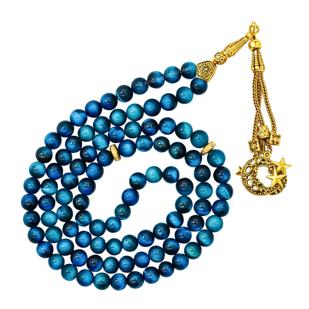 Light Blue Tiger Eye Crystal Tasbeeh Sibha Prayer Beads (Gold)